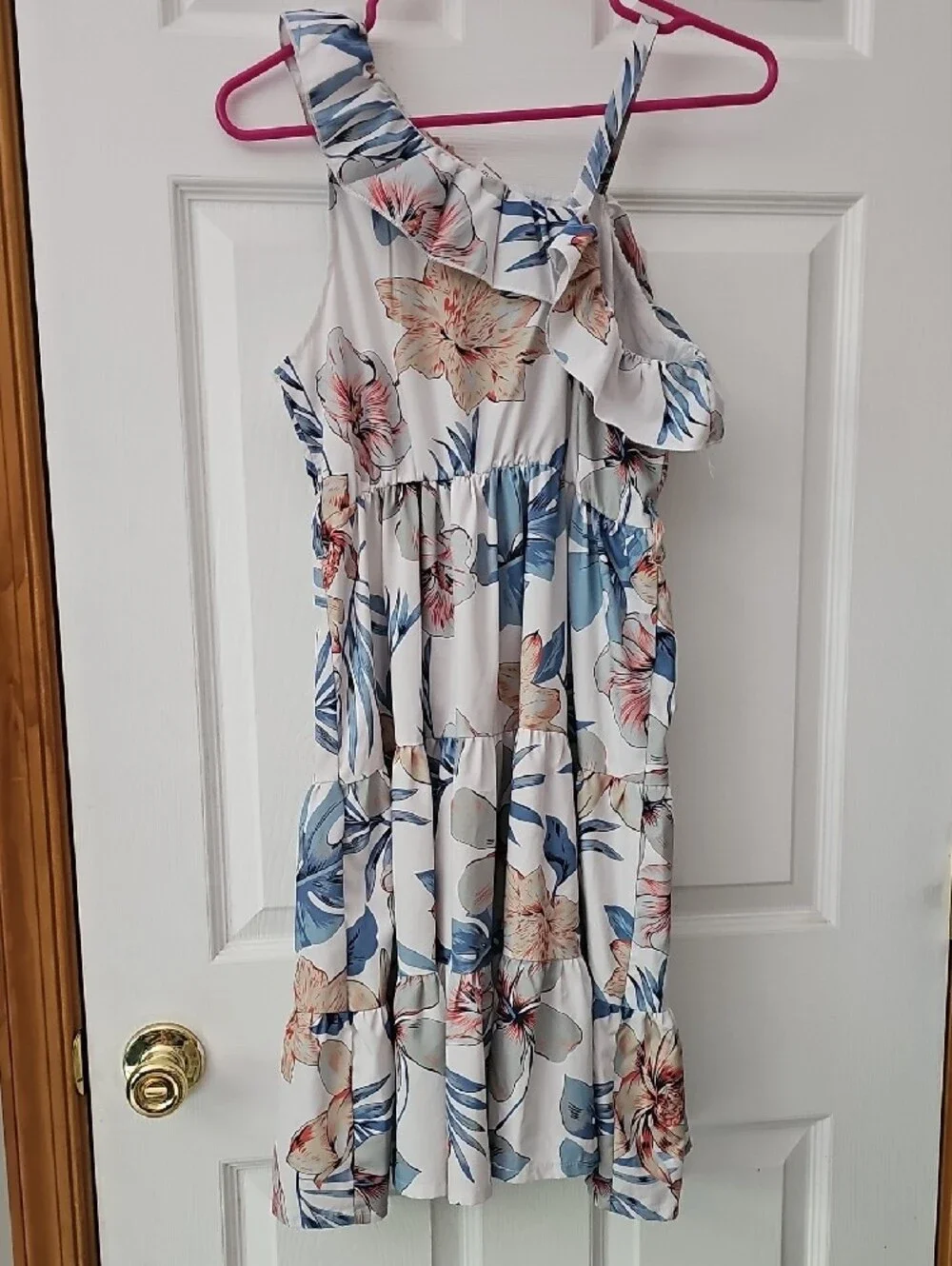 SHEIN White Floral One-Shoulder Sundress with Blue and Tan Print